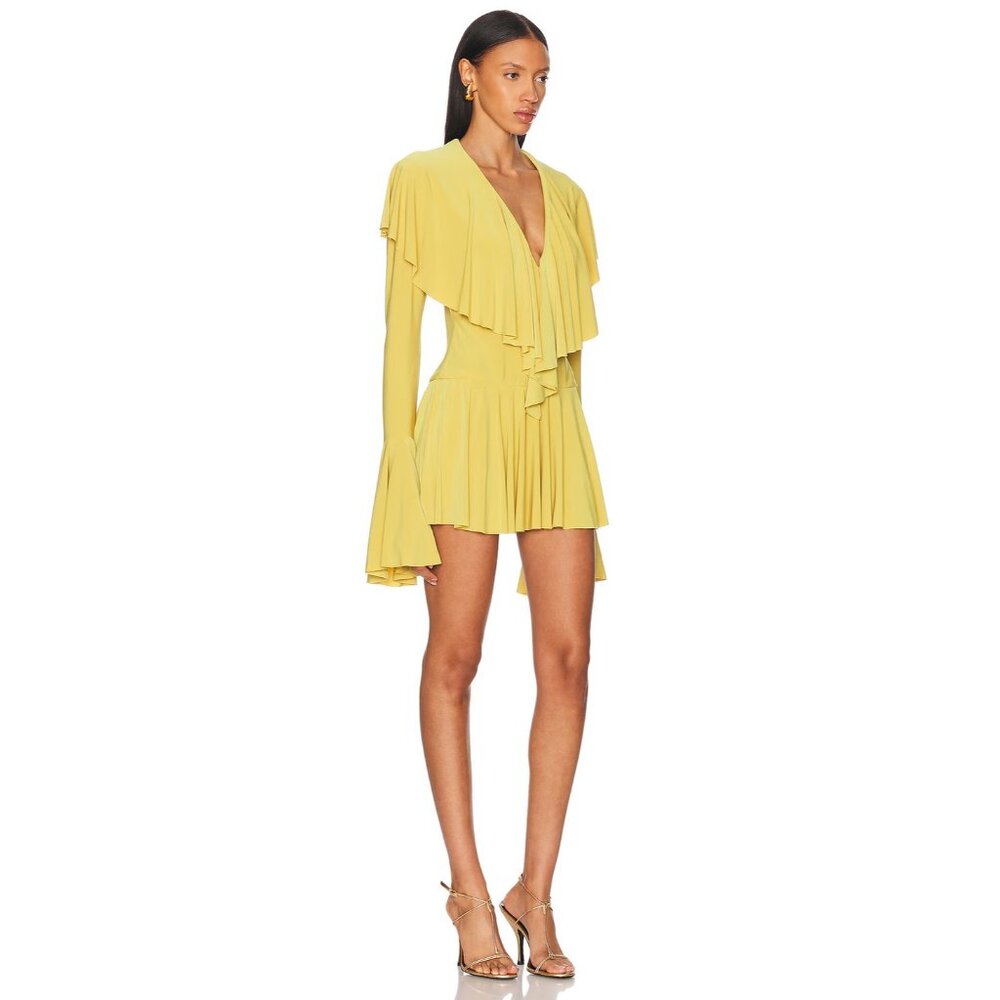 Norma Kamali Long Sleeve Deep V Ruffle Mini Dress in Asparagus - Picture 4 of 5